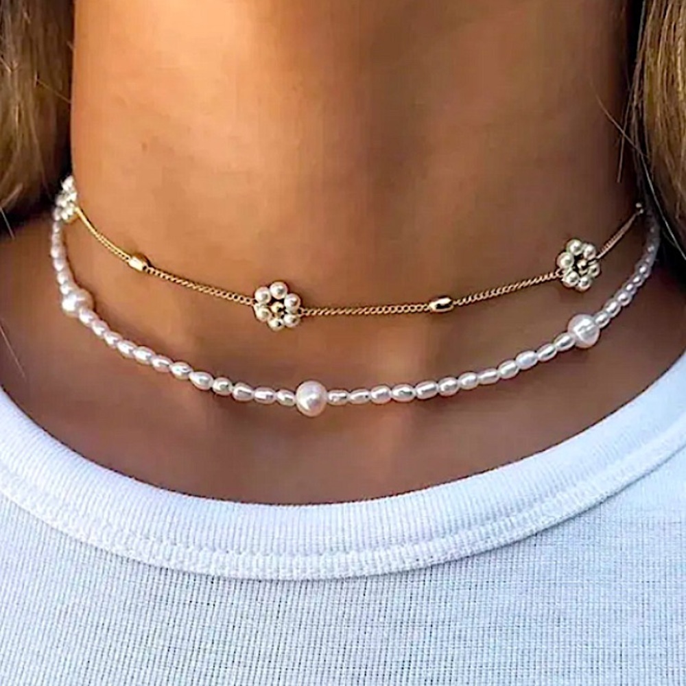 Boho Pearl Daisy Flower Multilayer Choker Necklace